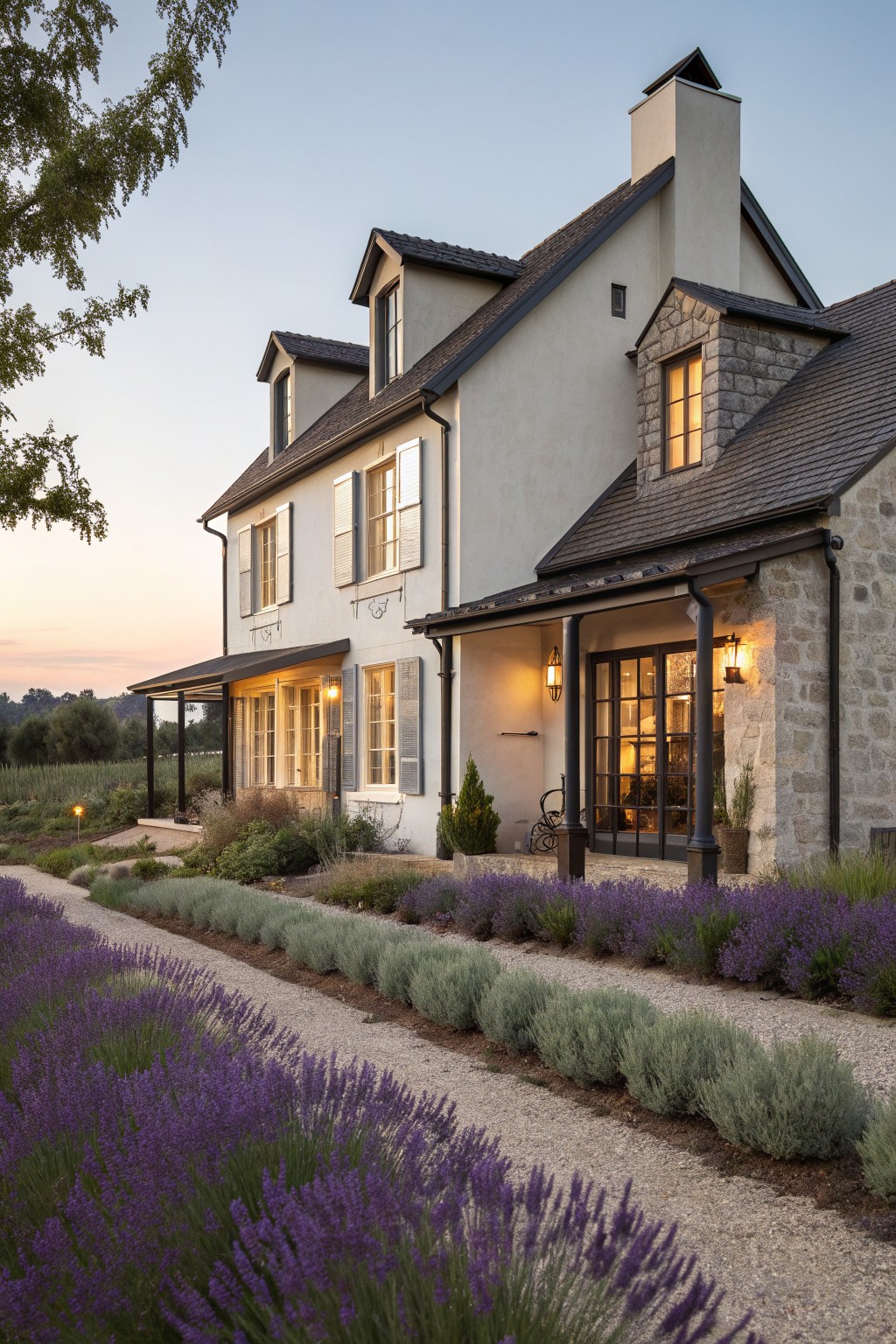 A two-story house with light stucco walls, stone accents on the right side and chimney, dark shutters, and a gravel path bordered by lavender plants.
