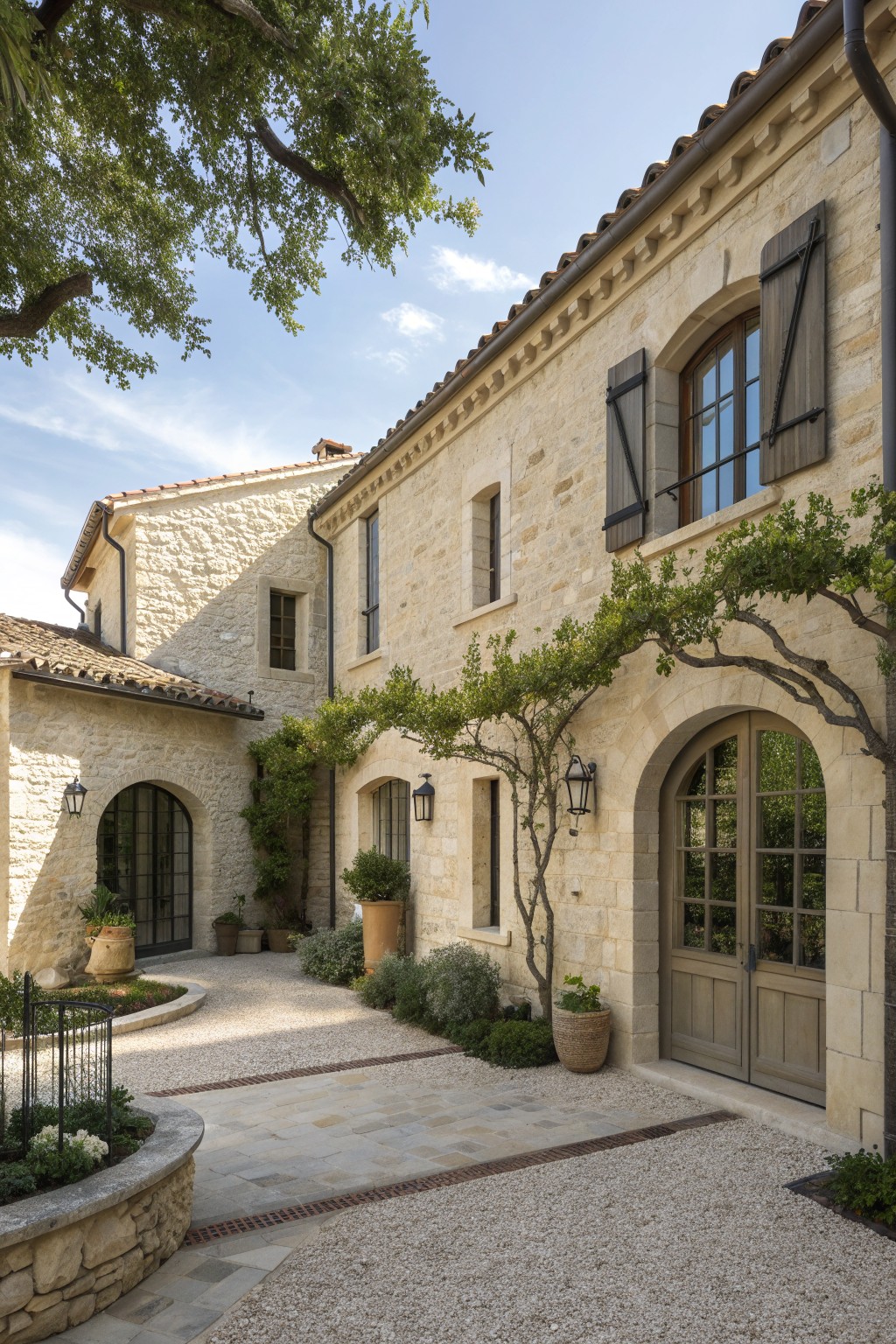 Stone villa courtyard with arched wooden doors, shuttered windows, and lush greenery.