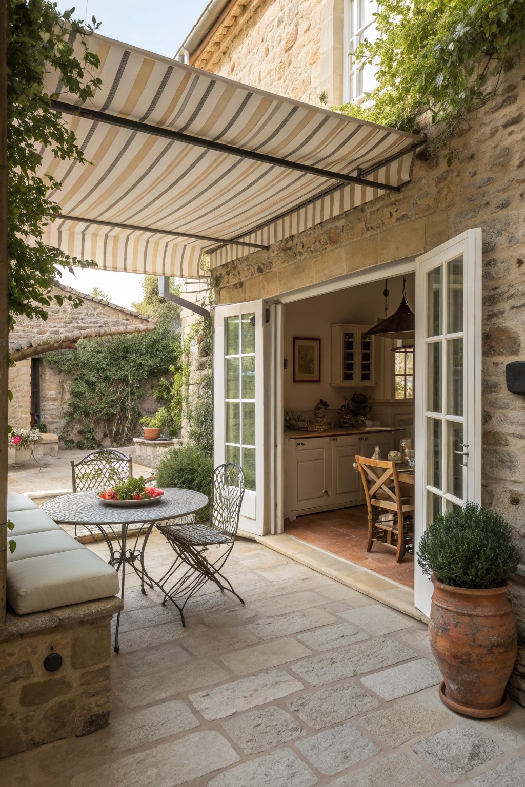A stone house with open French doors onto a paved patio, featuring a round metal table with chairs under a beige and white striped awning and a large terracotta plant pot nearby.