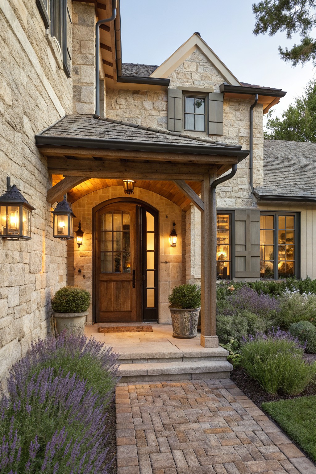 Stone house with a wooden front door under a timber supported porch, flanked by wall lanterns and potted shrubs.