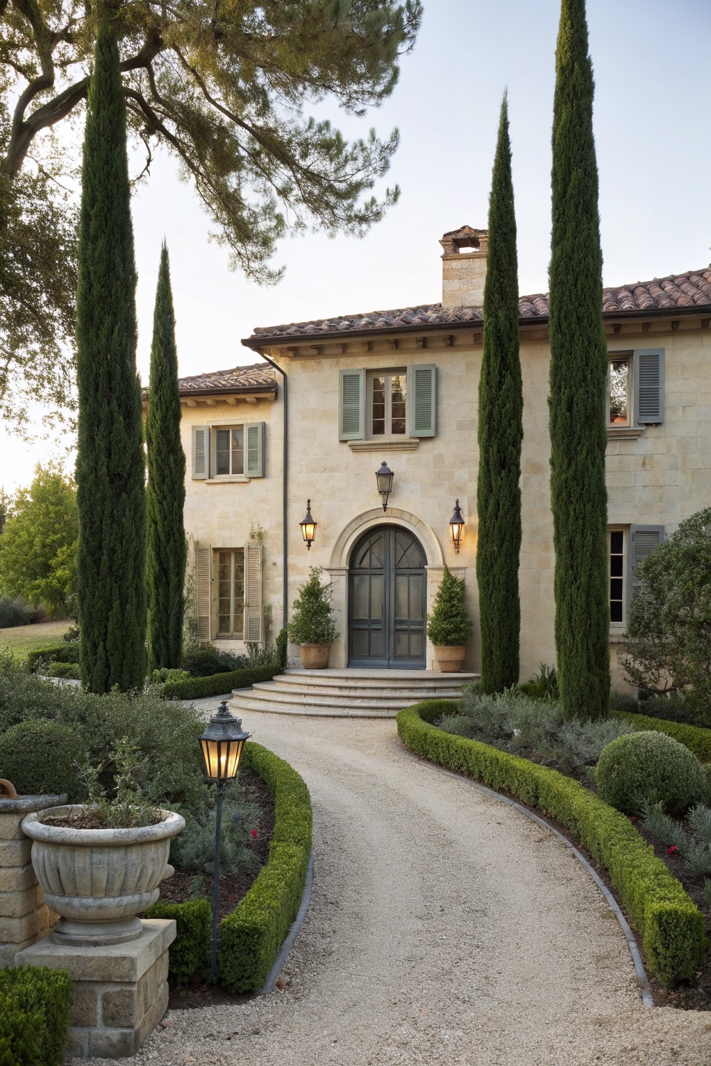 Stone villa with arched doors, tall cypress trees, and curved gravel driveway