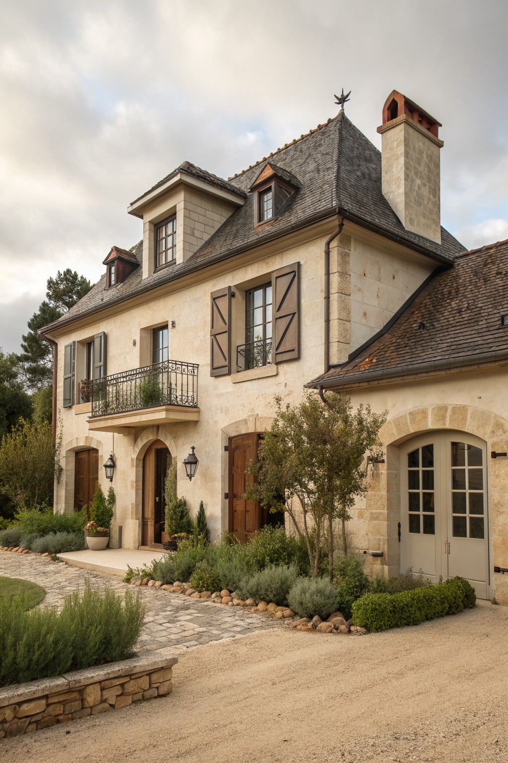 Elegant stone house with slate roof, wooden shutters, balcony, and landscaped garden.