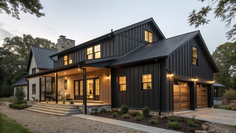 15 Striking Matte Black Farmhouse Exterior Ideas for High-Contrast Style A two-story farmhouse exterior with matte black vertical siding, a stone and wood entry wall, and a covered porch with columns.