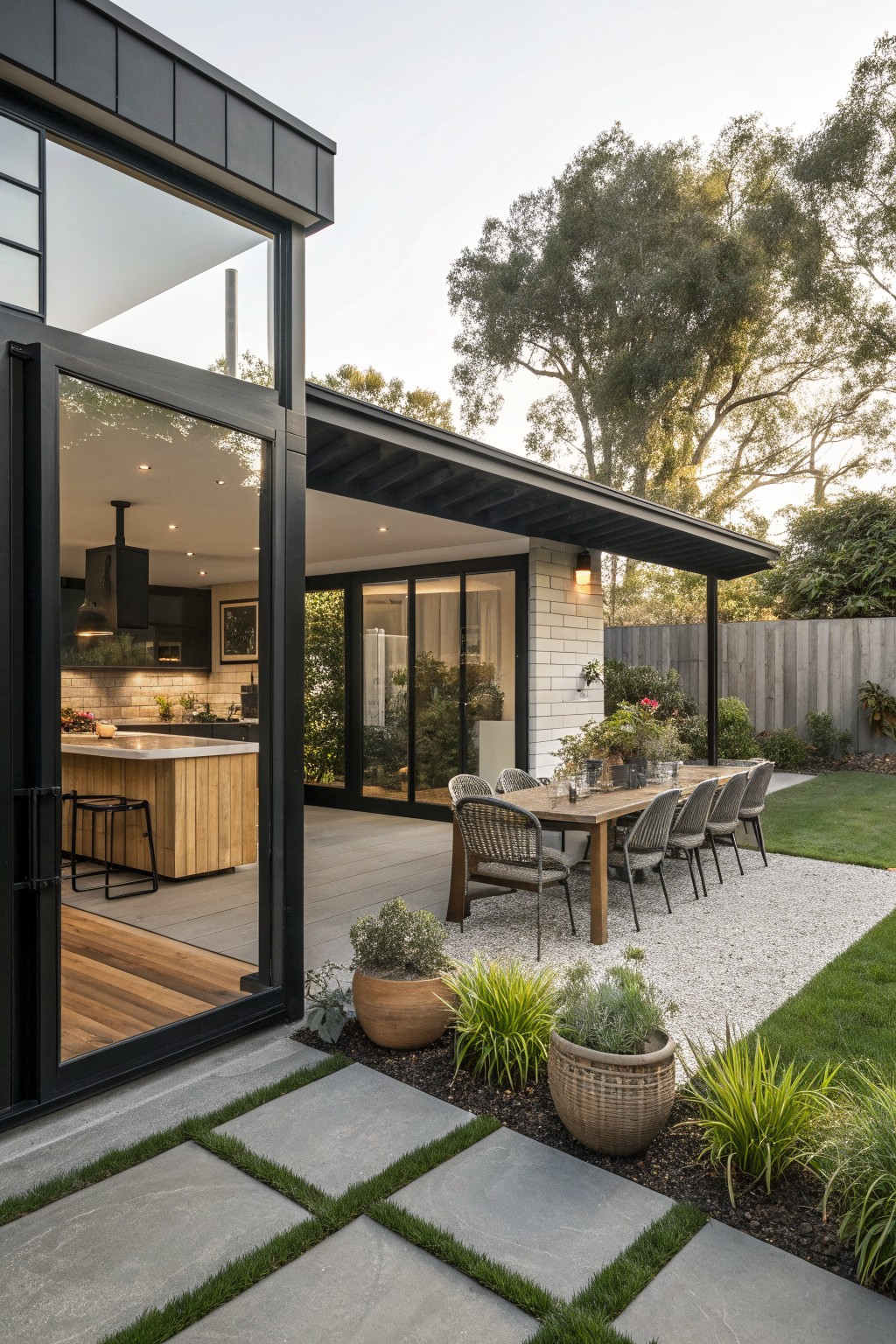 Modern house exterior featuring matte black framed glass doors opening onto a covered patio with a long wooden dining table, woven chairs, and potted plants on gravel.