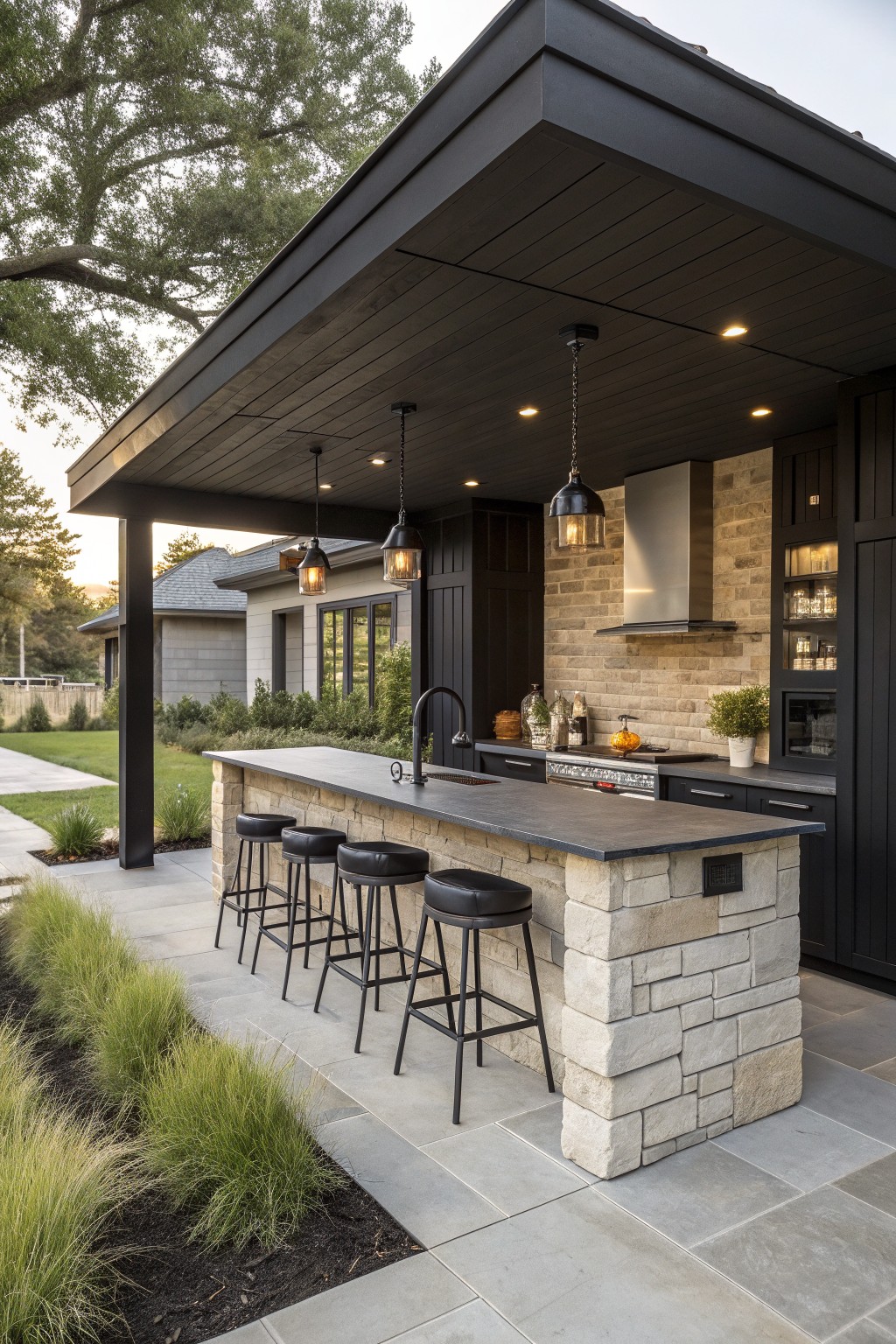 Outdoor kitchen bar with matte black cabinetry, stone base, and four black stools under a dark covered structure.