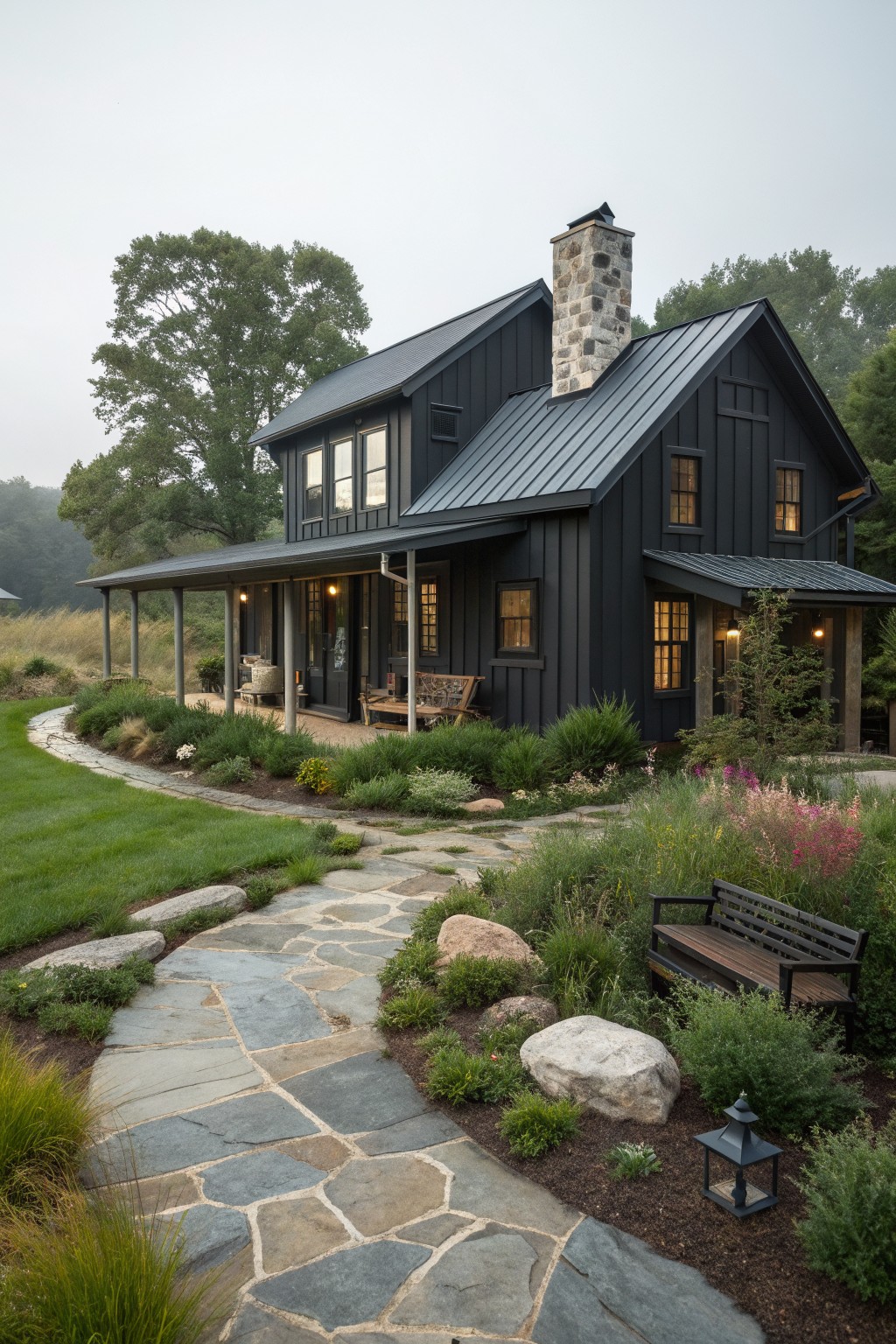 A two-story matte black farmhouse with a stone chimney, metal roof, covered porch, and stone pathway leading through landscaped gardens.