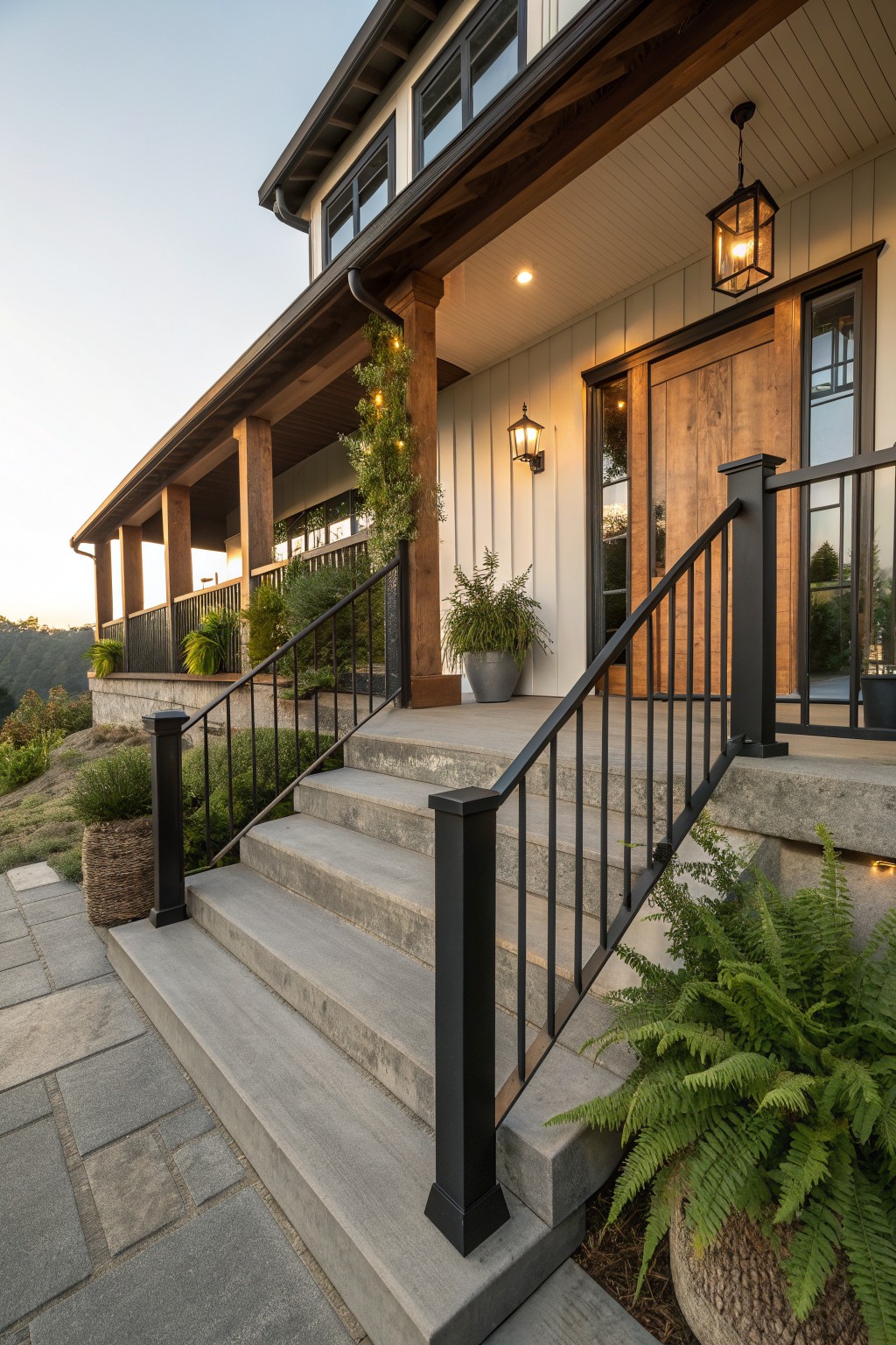 Concrete stairs with matte black metal railings lead up to a farmhouse porch with wood siding and a wooden front door.