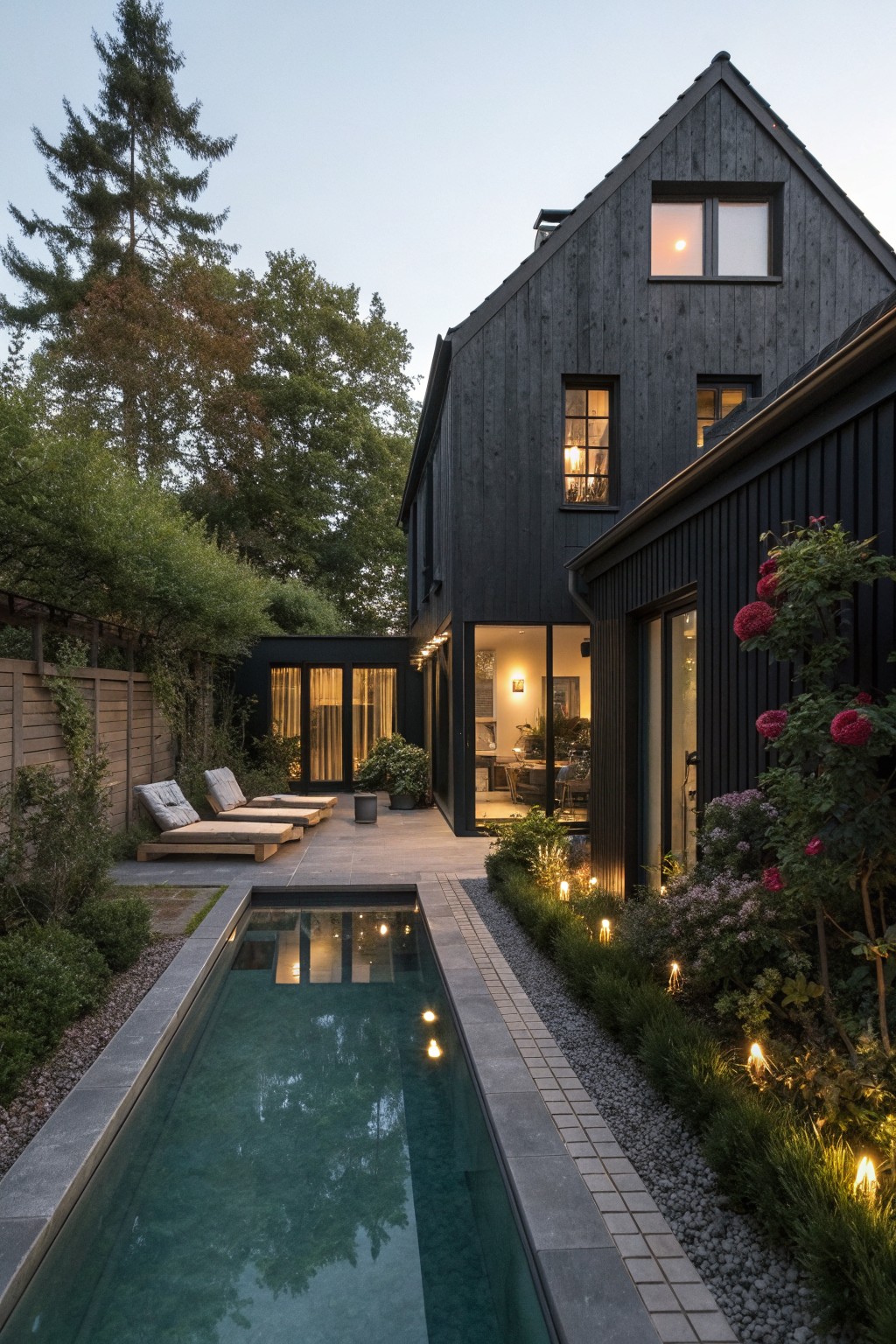 A matte black farmhouse with gabled roof next to a rectangular pool, lounge chairs on a stone patio, and surrounding garden at dusk.