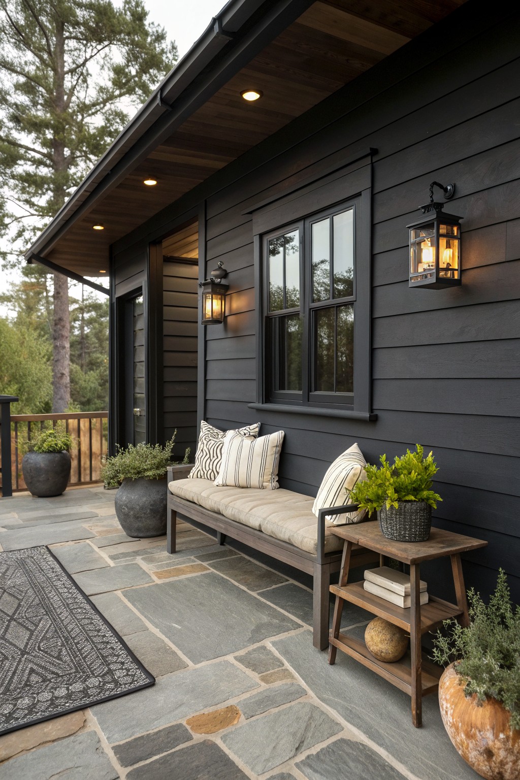 A matte black farmhouse exterior featuring black window frames, a covered porch with seating, and a stone patio with potted plants.