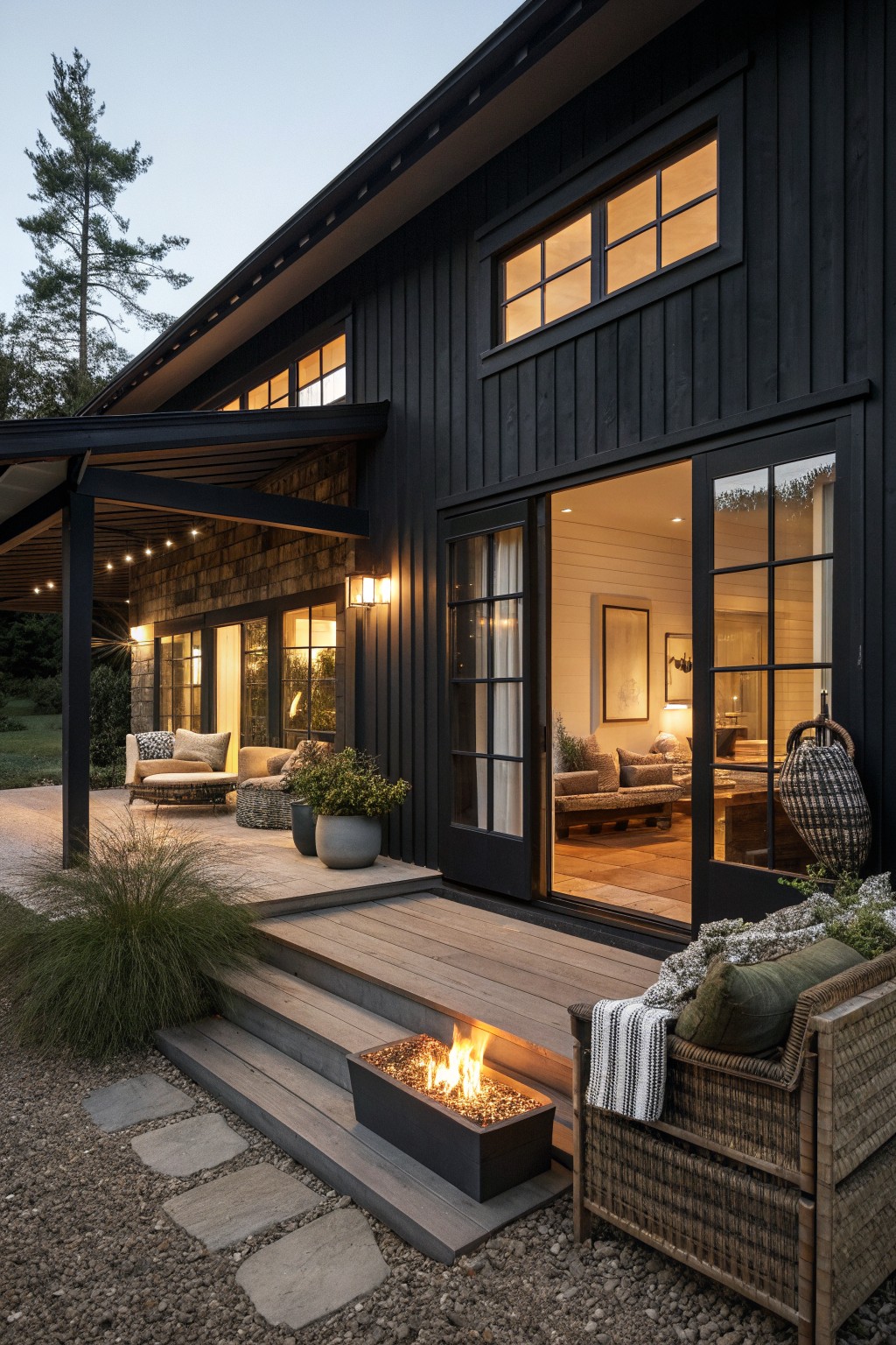 A matte black farmhouse exterior with large glass doors open to a wooden deck that includes a rectangular fire pit, steps, and woven outdoor seating.