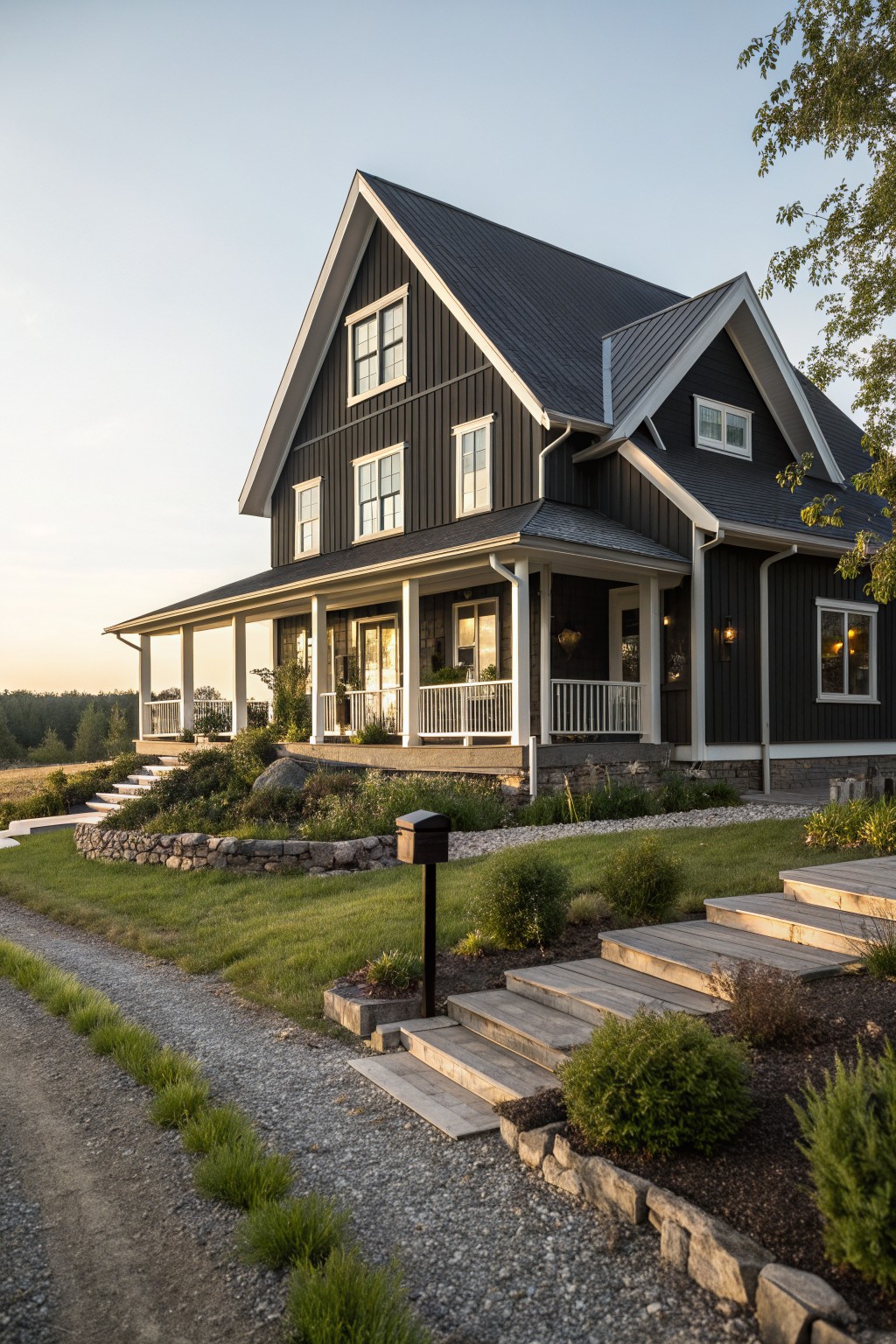 A two-story matte black farmhouse with white trim, a covered porch with white columns and railings, and stone foundation steps leading to a gravel path.