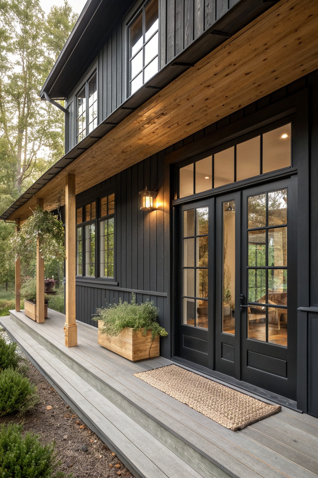 Black house with glass double doors, wooden porch, planters, and woven rug