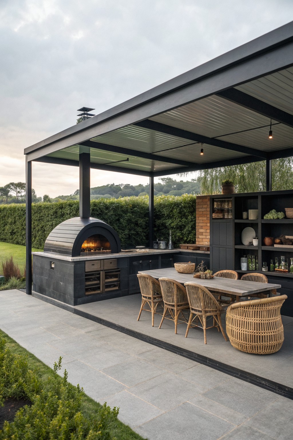 An outdoor kitchen area with a matte black metal roof structure, built-in pizza oven, and wooden dining table surrounded by woven chairs on a stone patio.