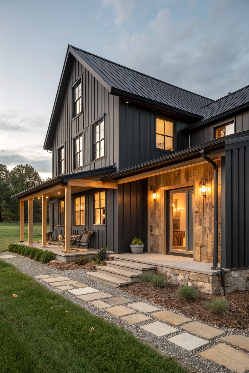 A two-story farmhouse exterior with matte black vertical siding, a stone and wood entry wall, and a covered porch with columns.