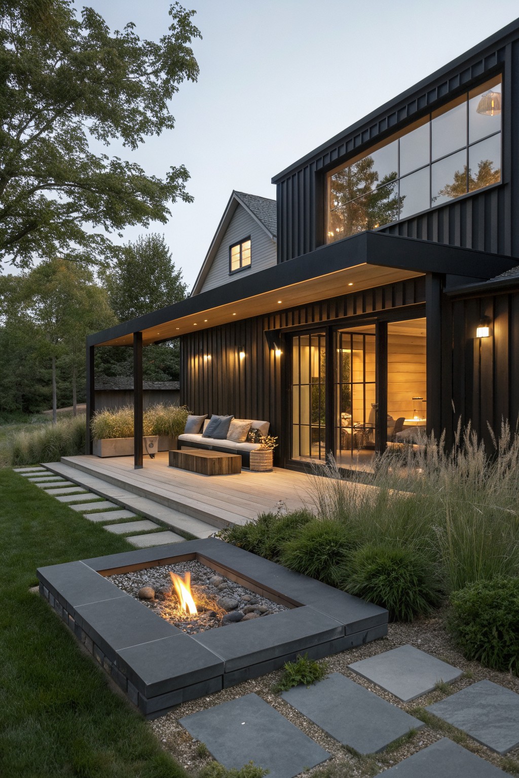 Modern black home with wooden deck, stone fire pit, and outdoor seating at dusk