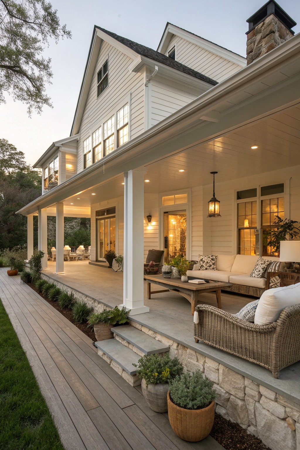 A white two-story farmhouse with a wide covered porch supported by white columns, stone foundation, and outdoor seating along the front.
