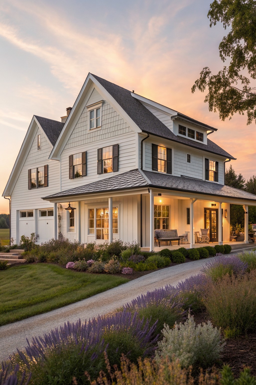 A two-story white farmhouse with dark shutters, a long covered front porch supported by white columns, and lavender plantings along a gravel driveway at sunset.