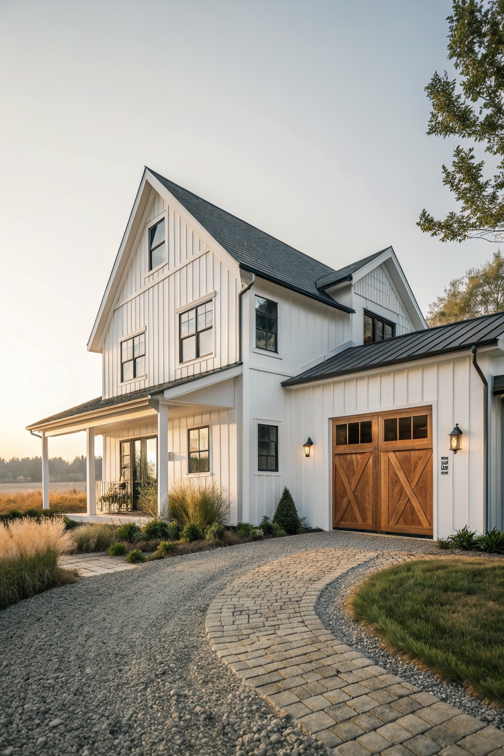 A white two-story farmhouse exterior with vertical siding, dark roofing, wooden garage doors featuring X-bracing, and a cobblestone driveway curving toward the house.