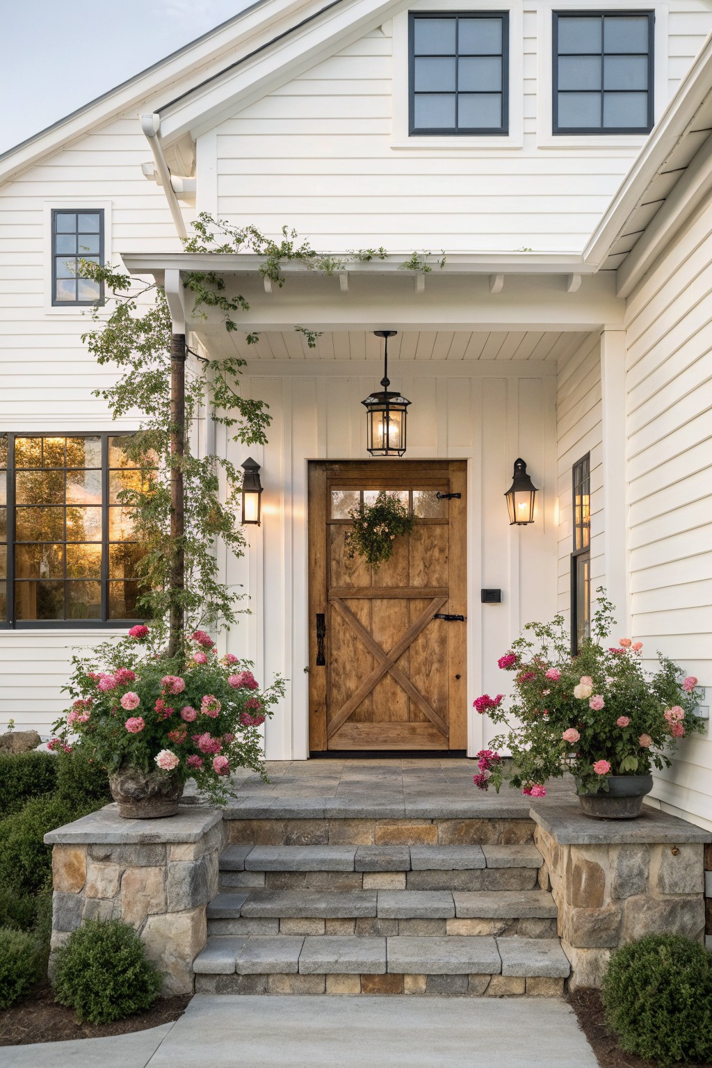 White house porch with wooden door, stone steps, and pink rose pots.