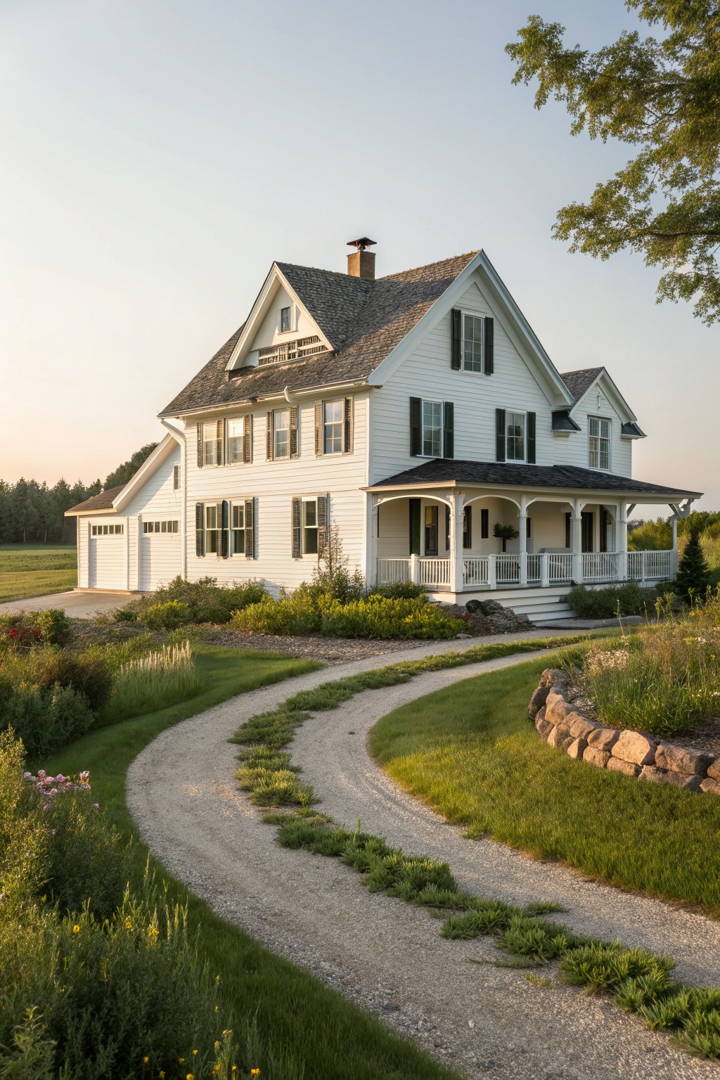 A white two-story farmhouse with black shutters, multiple gables, a covered front porch, and a gravel driveway curving past landscaped beds.