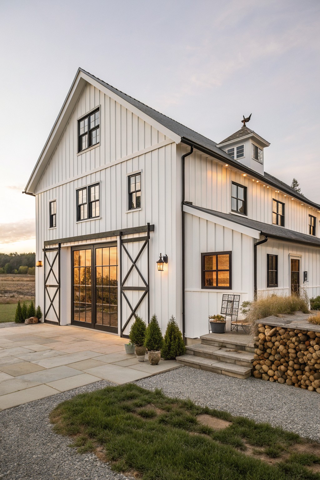 A white two-story farmhouse with black window frames, barn-style doors, and a stone patio at dusk.