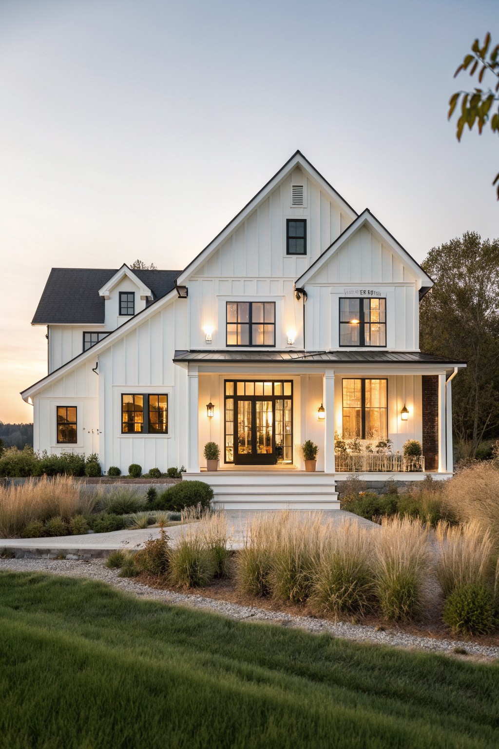 A two-story white farmhouse with black window frames, a covered front porch, and landscaping at dusk.