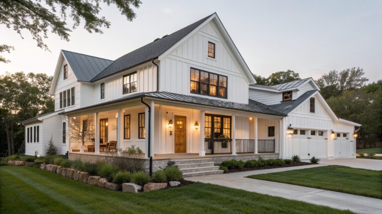 17 Bright White Rustic Farmhouse Exteriors That Still Feel Warm and Traditional White two-story farmhouse with black roof, lit porch, and garden at dusk
