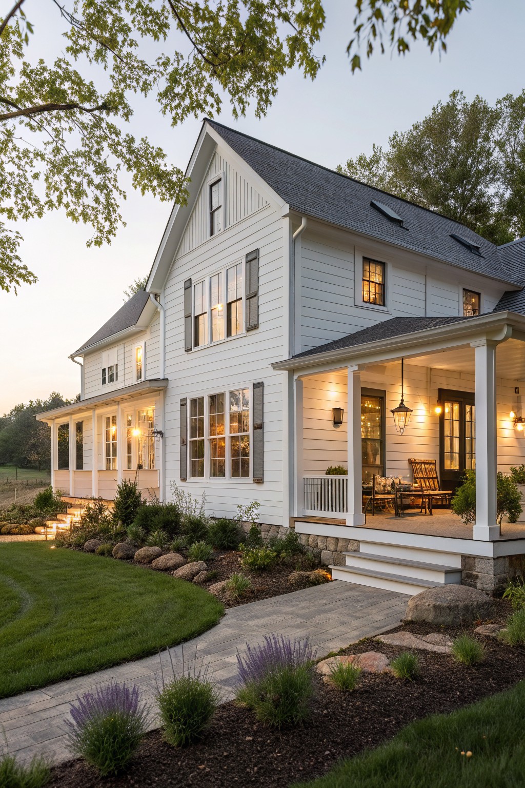 A white two-story farmhouse exterior with dark shutters, a stone foundation, covered porch, and surrounding garden beds with a stone path.