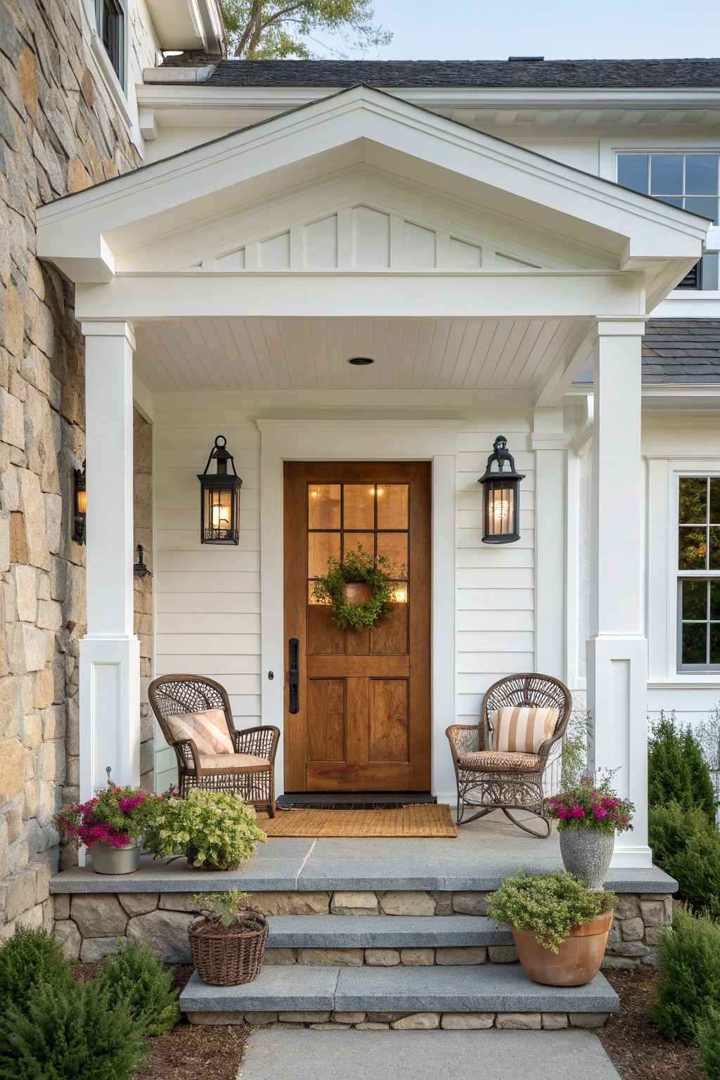 White farmhouse front porch with a wooden door, two wicker chairs, black lanterns, and stone foundation steps.