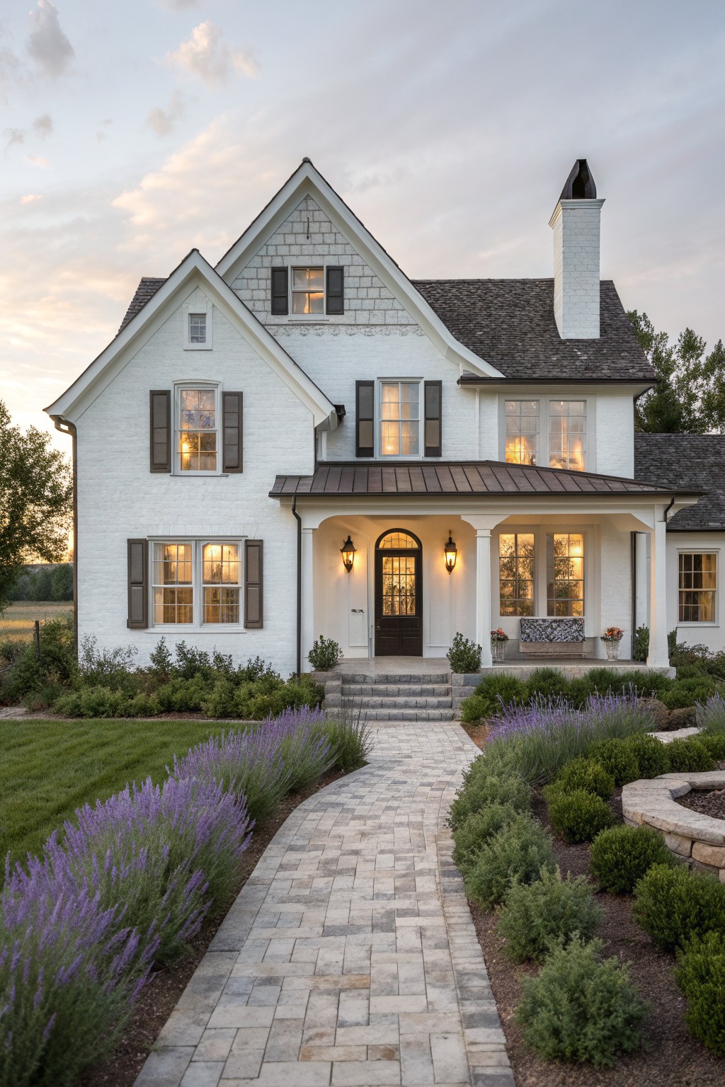 A white brick farmhouse with dark shutters, a covered porch with columns, and a stone path lined with lavender.