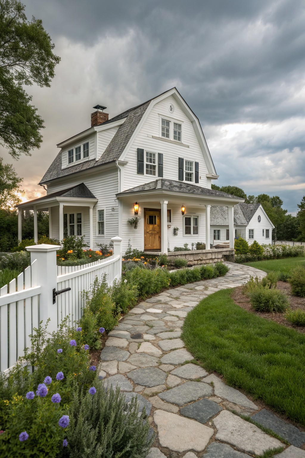 A white two-story farmhouse with black shutters, a wooden front door, stone path, and white picket fence in front.