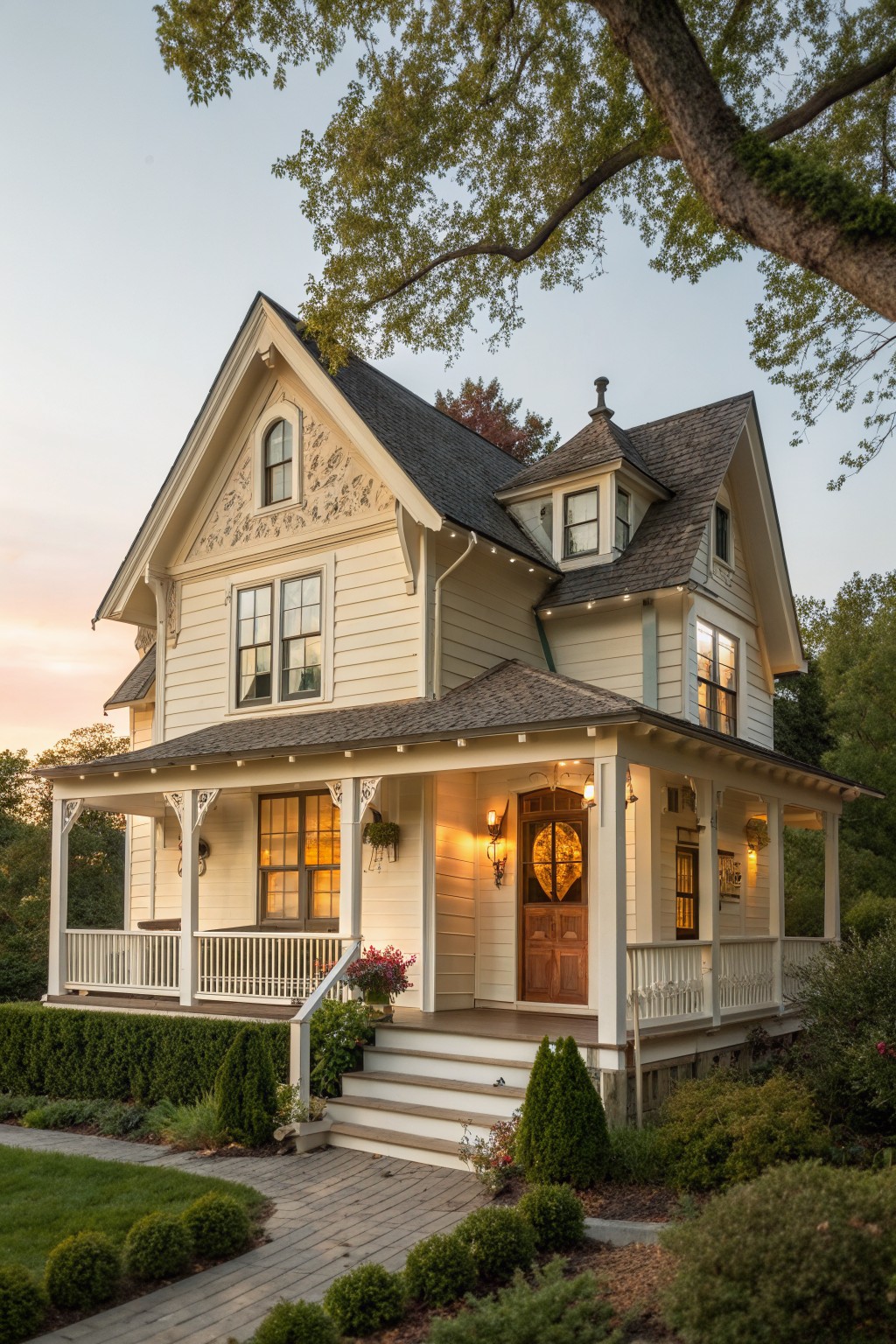 Two-story cream Victorian house with wraparound porch and glowing windows at dusk