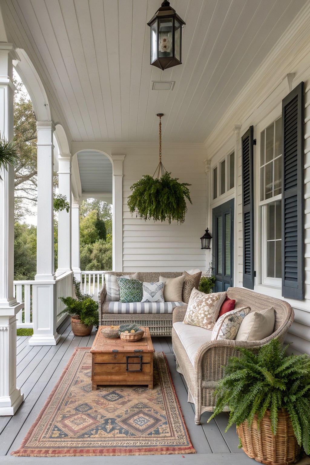 Cozy porch with wicker sofa, armchair, patterned rug, wooden chest, and ferns