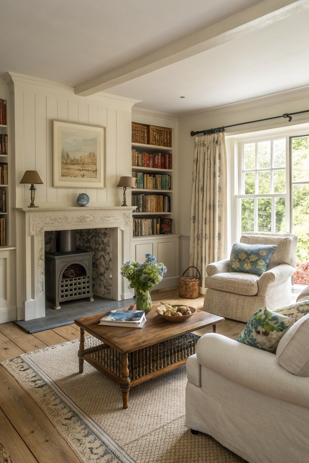 A living room interior showing a fireplace with ornate mantel, built-in bookshelves filled with books on both sides, a wooden coffee table on a rug, and two upholstered armchairs near a window.