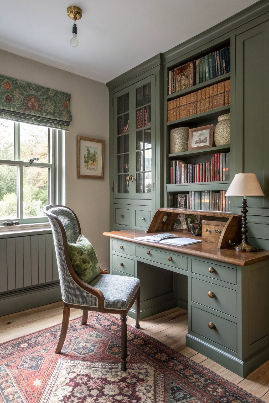 A green painted built-in desk and cabinet unit with bookshelves, a wooden desk surface, and an upholstered chair on a patterned rug in a room with a window.
