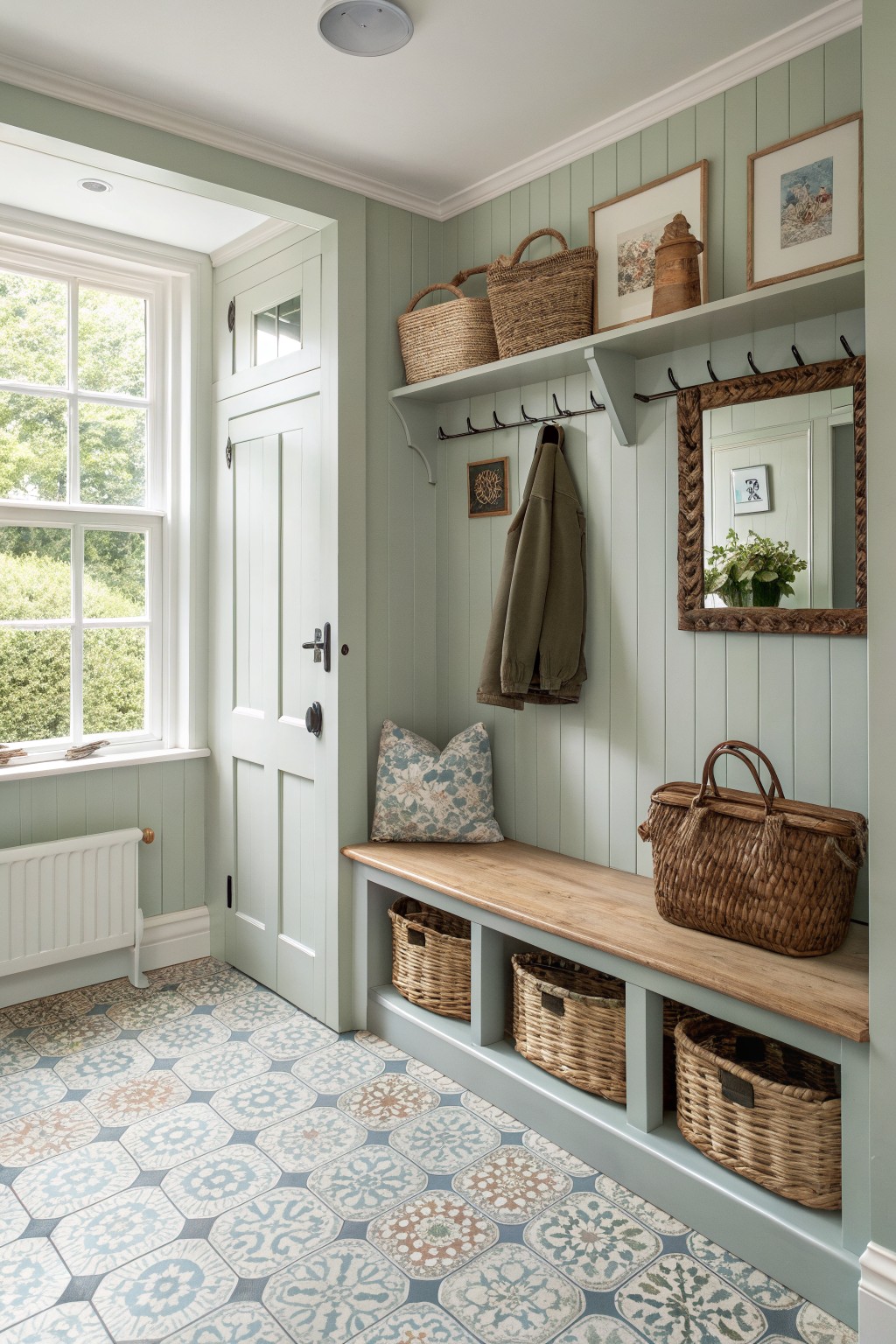 A light green paneled entry room with a long wooden bench, wicker baskets stored in cubbies below, coat hooks on the wall, and patterned tile flooring.