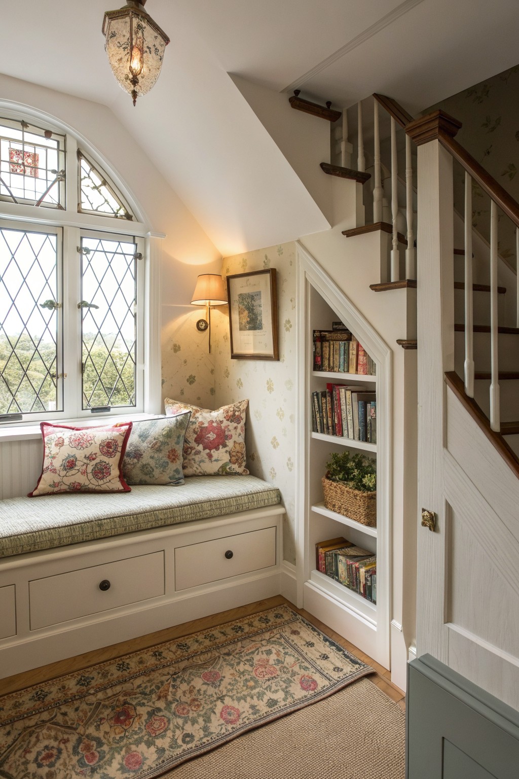 Cozy window seat with floral cushions beneath staircase bookshelves and patterned rug.