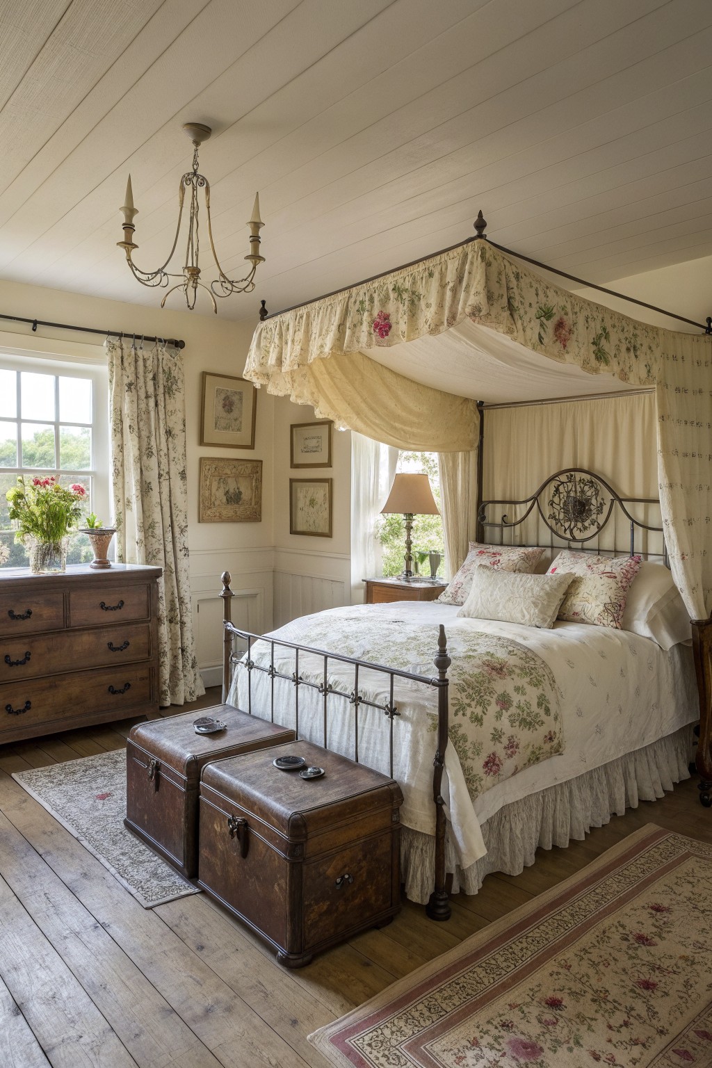 A bedroom interior showing a four-poster metal bed with a floral canopy, white bedding, wooden storage trunks at the foot of the bed, and a wooden dresser beside a window.