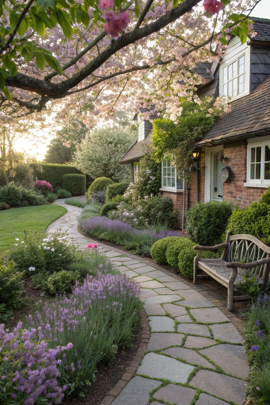 Stone path curves through purple blooms to brick house under flowering trees