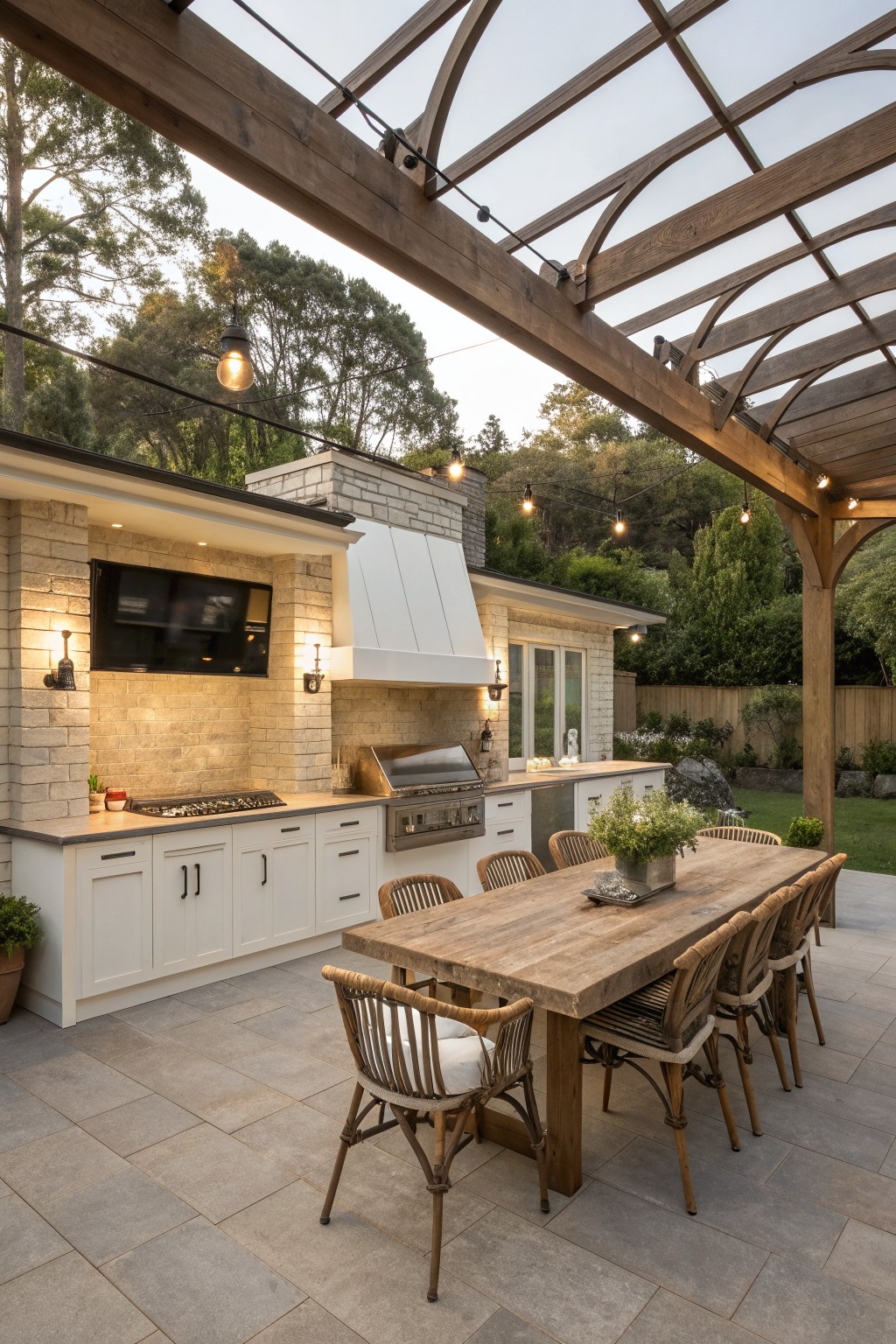 An outdoor kitchen with white cabinets, stone veneer, a built-in grill, wall-mounted TV, and a long wooden dining table under a wooden pergola with a glass roof.