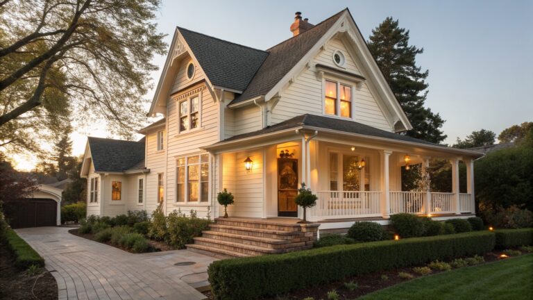 Two-story cream Victorian house with wraparound porch and glowing windows at dusk