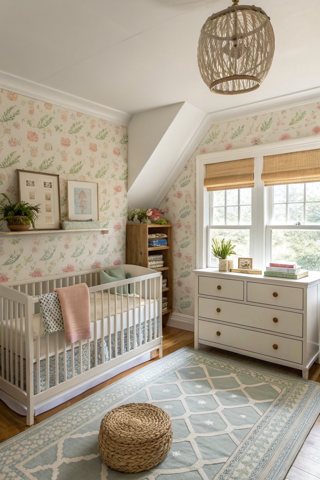 A nursery interior with floral wallpaper on the walls, a white crib, a white dresser under two windows, and a woven pendant light overhead.