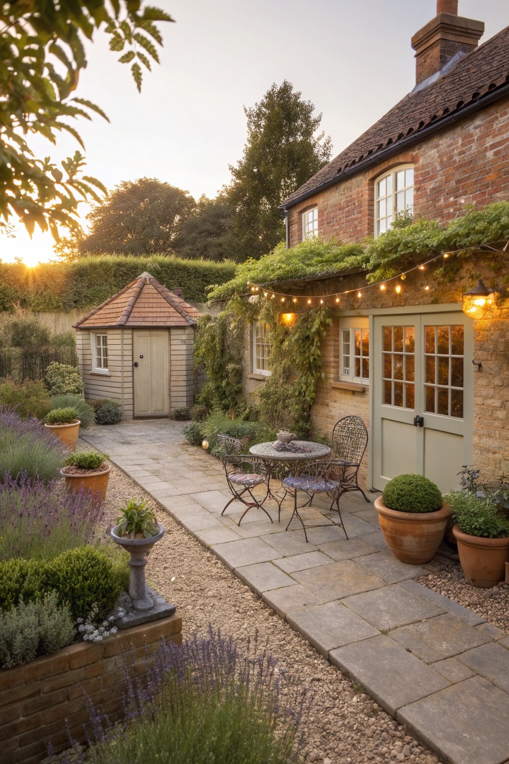 Cozy brick cottage patio with bistro table, chairs, potted plants and string lights at sunset
