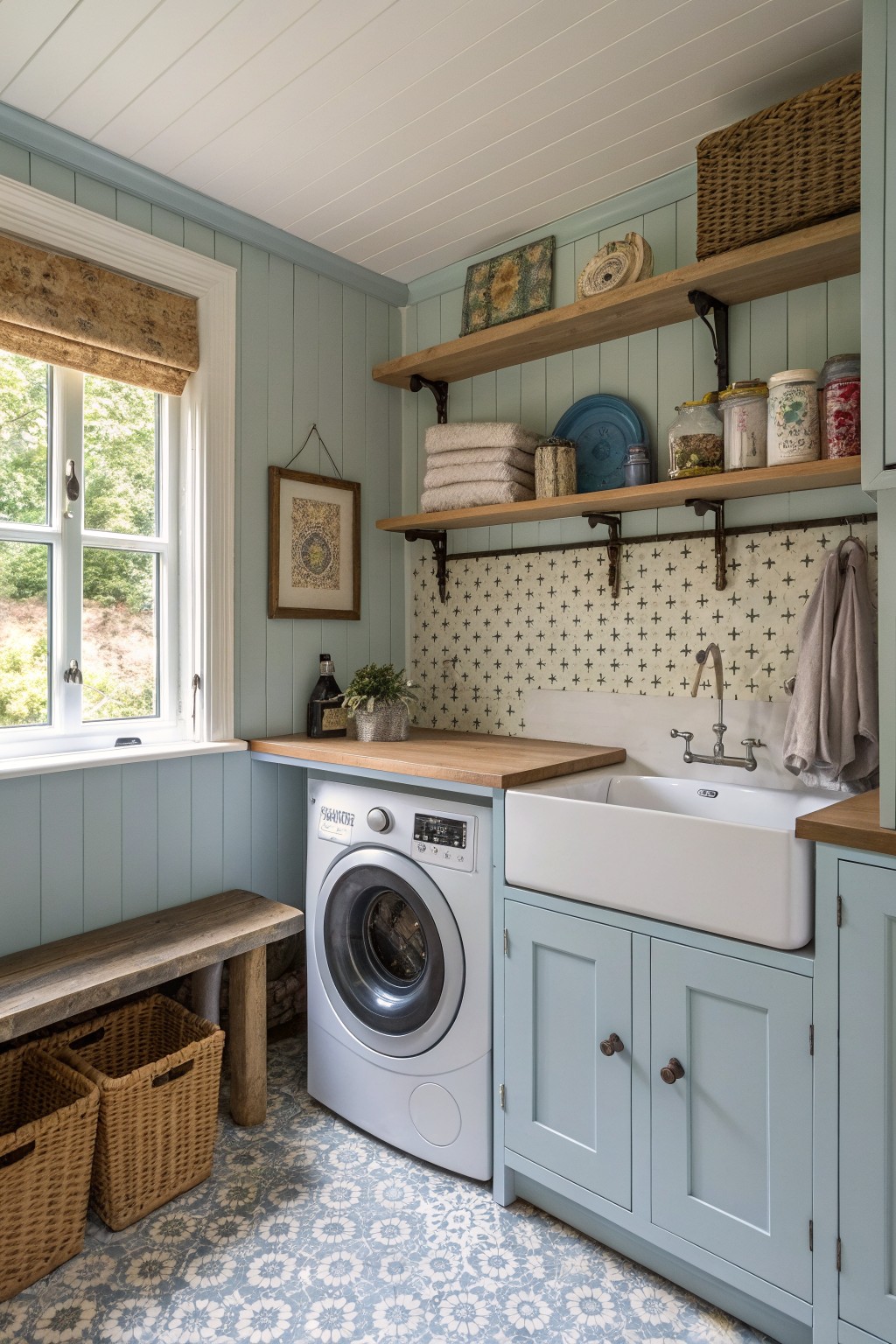 Light blue cottage laundry room with washing machine, sink, wooden shelves, and patterned floor.