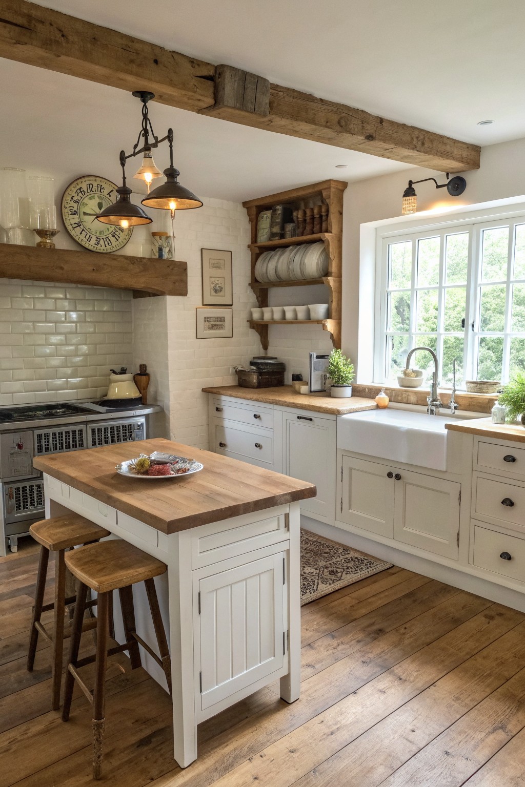 Rustic kitchen with white cabinets, wooden island and stools, exposed beams, farmhouse sink.