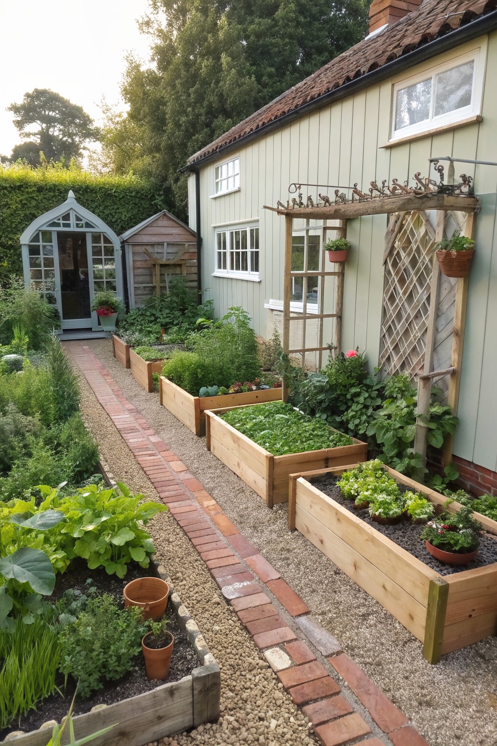 Garden with wooden raised beds along brick path, greenhouse and house nearby