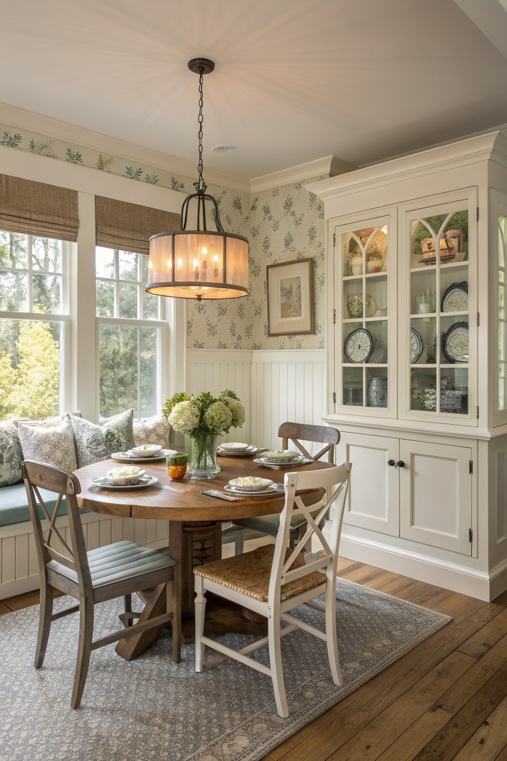 A round wooden dining table is placed in a bay window area with built-in cushioned seating, next to a white glass-front hutch in a room with floral wallpaper and mixed wooden chairs.