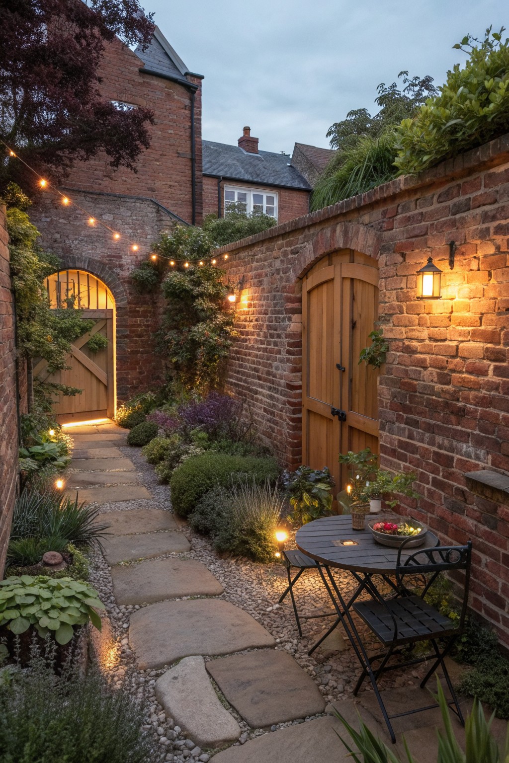 Charming brick courtyard at dusk with string lights, stone path, and bistro table.