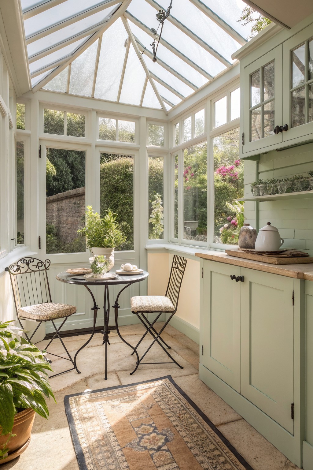 A bright interior sunroom with a glass ceiling, white window frames, sage green cabinets on the right wall, a round metal table with two chairs, and a patterned rug on the stone floor.