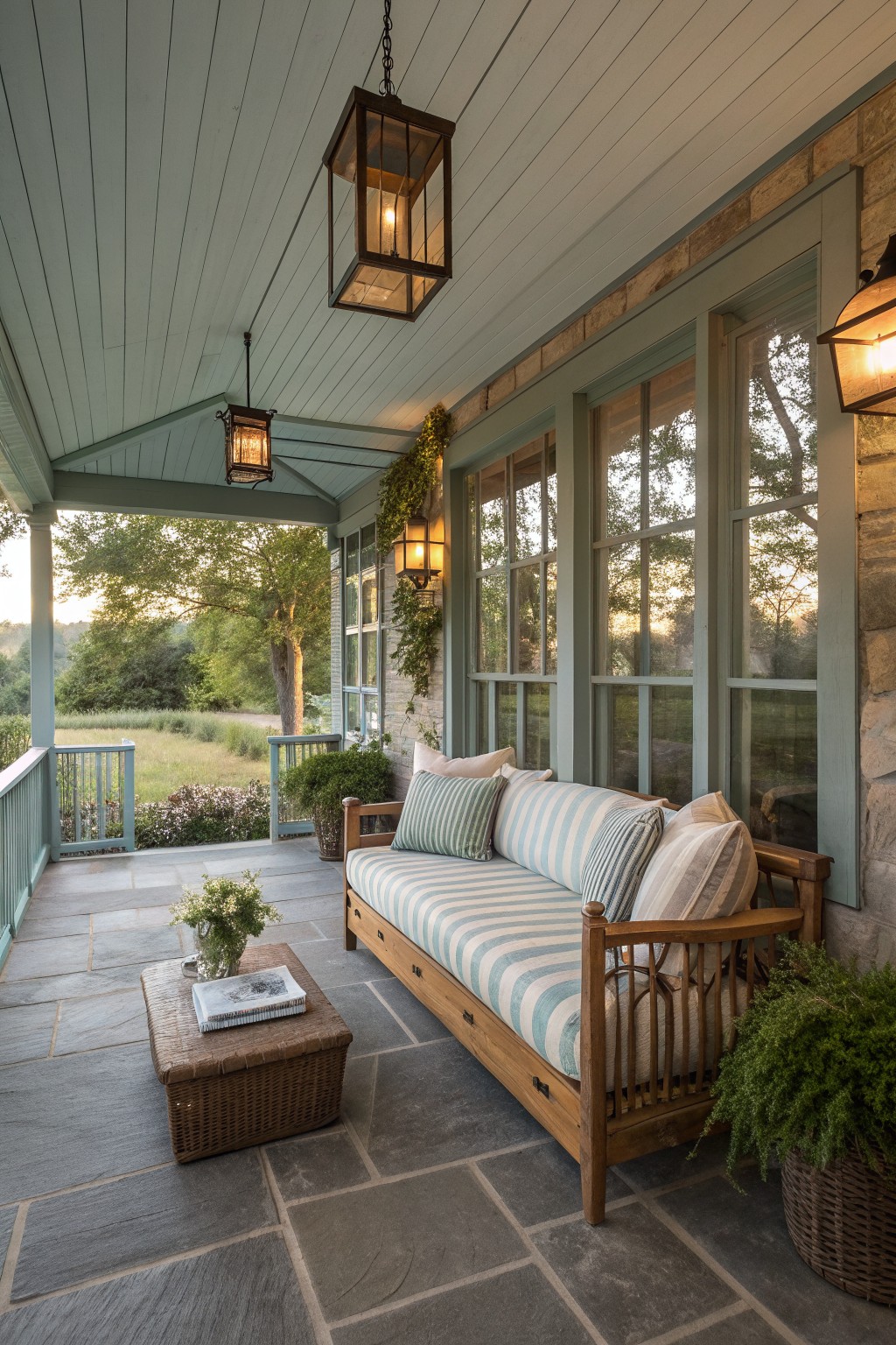 A covered stone porch with a wooden bench topped with blue and white striped cushions, a wicker table holding a book, and hanging lanterns next to large windows.
